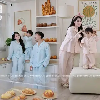 P320 (Form Rộng) Bộ Pyjama Mẹ Bé Tay Dài Quần Dài Chất Đũi Cotton Mềm Thoáng Hoạ Tiết Kẻ Sọc Màu Pastel – PJMB03 BIBIBO