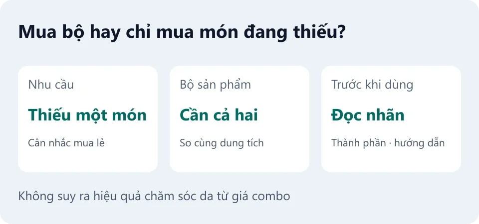 Cân nhắc mua lẻ khi thiếu một món, so combo cùng dung tích khi cần cả hai, và đọc nhãn trước khi dùng.